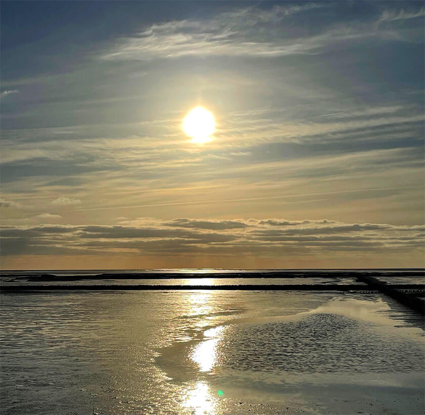 Ein Holzsteg, der auf eine spiegelglatte Wasserfläche hinausragt.